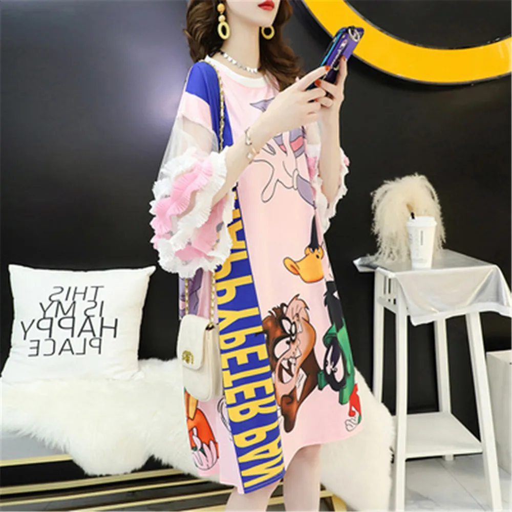 

Women Oversized Prints Long T-Shirts Color Patchwork Mesh Stitching Letter Cartoon Printed Fashion Leisure Tops A390