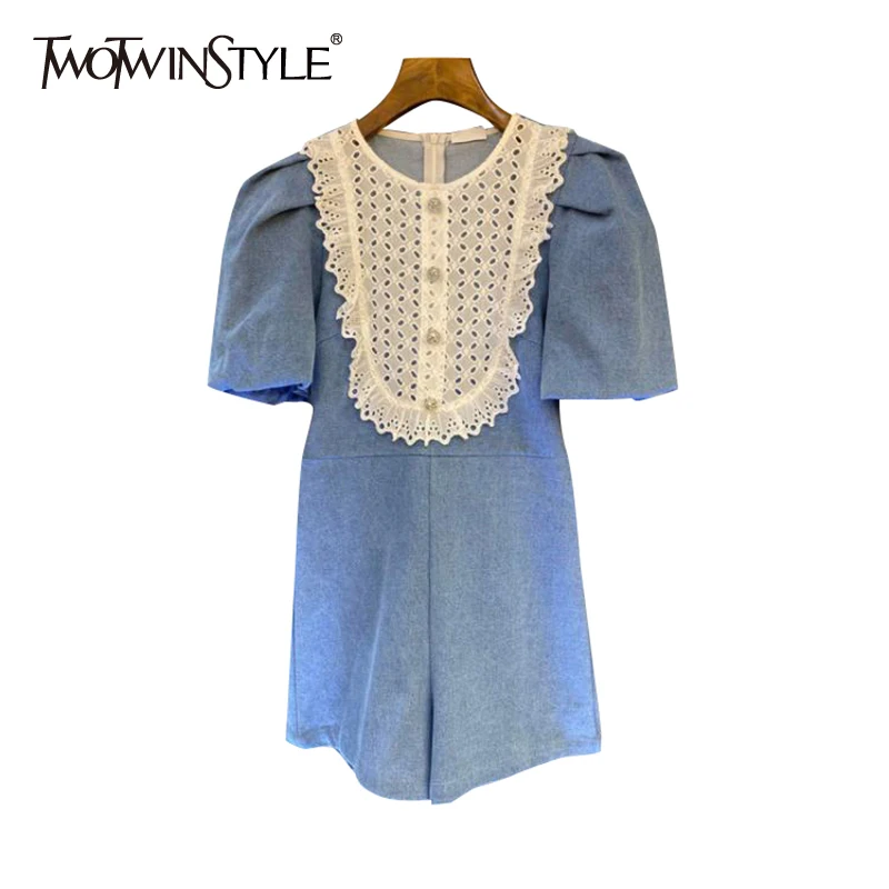 

TWOTWINSTYLE Denim Patchwork Lace Jumpsuit For Women O Neck Short Sleeve High Waist Casual Jumpsuits Female Fashion New Clothes