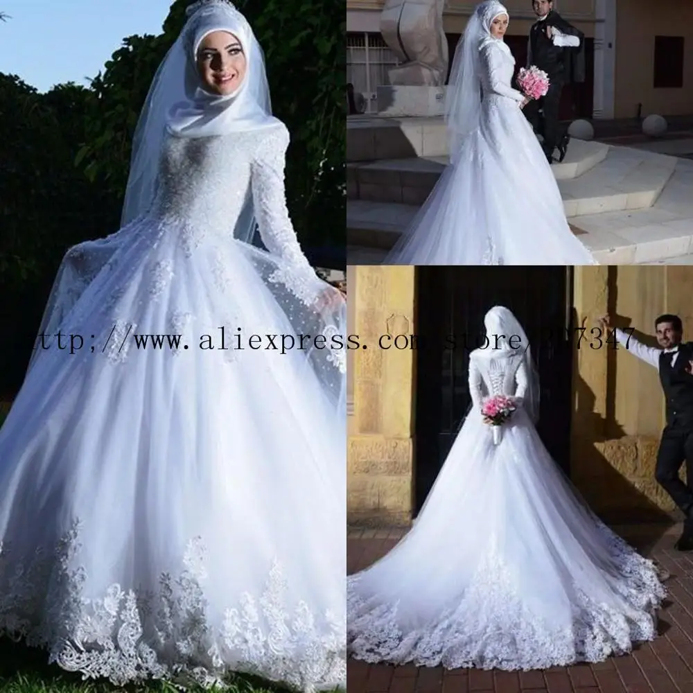

2019 Robe De Mariee New Muslim Long Sleeves A-line Wedding Dresses Lace Appliques Corset Back Plus Size Arabic Heavey Handworks Custom-Made High Neck Bridal Gowns with Chapel Train