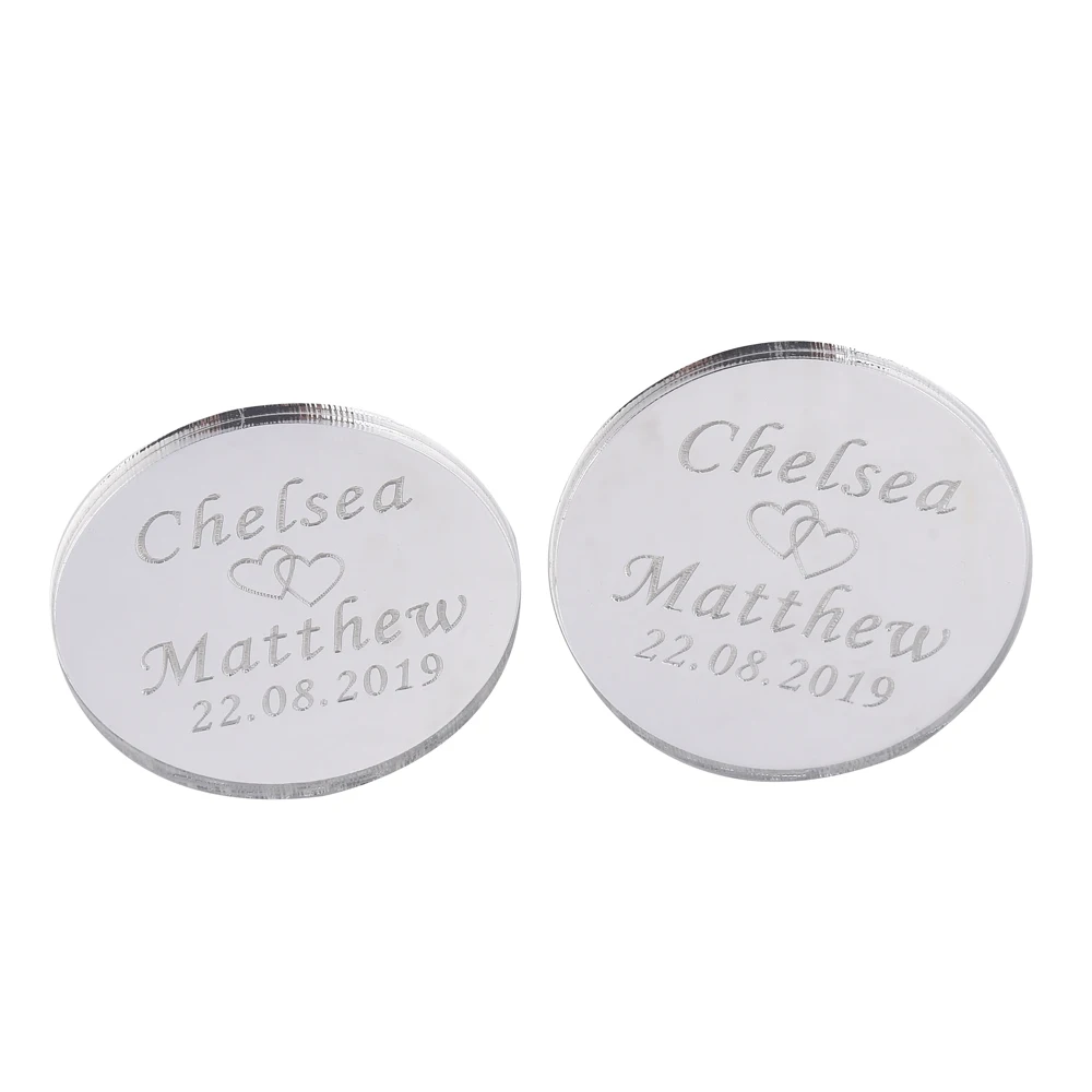 

10Pcs * Personalized Engraved Mirror Round Wedding Tags Silver Baptism Name Tag Sculpture Party Gifts Baby Shower Gift Favor