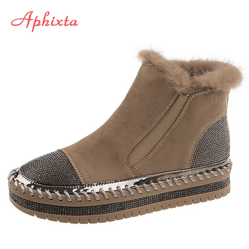 Cristais de Inverno Tornozelo à Prova Aphixta Cabelo Real Quente Sapatos Mulher Banda Elástica Casal Chunky Único Plataforma Tamanho Grande 44 Botas Dwaterproof Água
