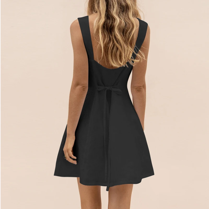 

Women White Mini Dress Summer Belt Pockets Decor Square Neck Sleeveless Backless High Waist Slim Solid A-Line Dresses Vestidos