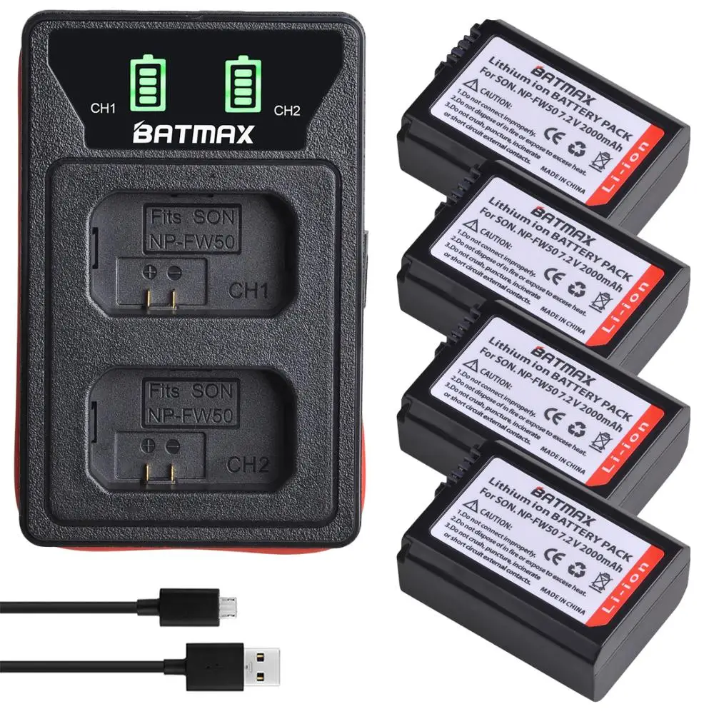 4X 2000mAh NP-FW50 NP FW50 Battery + LED USB Dual Charger for Sony A6000 A6400 A6300 A6500 A7 A7II A7RII A7SII A7S A7S2 A7R
