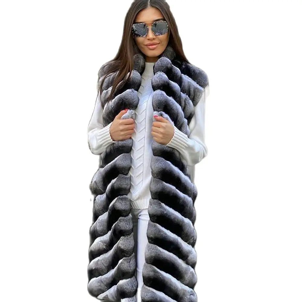 2021 Winter Long Rex Rabbit Fur Vest Natural Women Thick Warm Fur Overcoat Luxury Genuine Rex Rabbit Fur Gilets Turn-down Collar enlarge