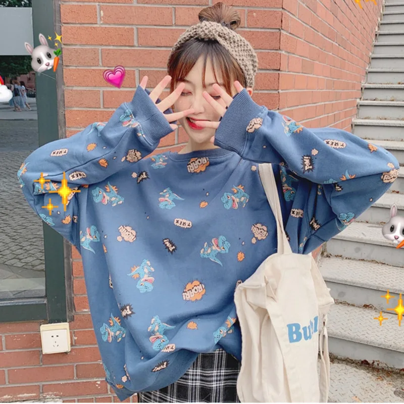 Осень, новинка, женский модный свитер Harajuku, повседневный свободный свитер большого размера с рисунком динозавра из мультфильма тираннозавра, толстовки, кавайный пуловер