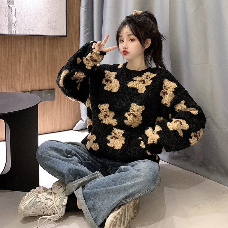 

little bear Pattern furry Hoodie 2020 Winter Warm Plush sweet Pullovers Woman Vintage korean Style loose Sweatshirt