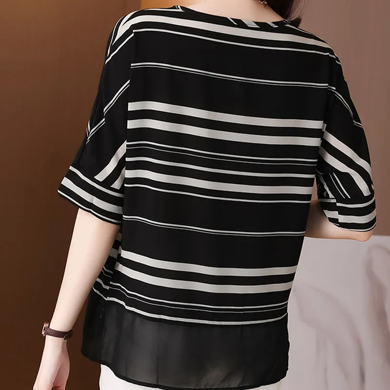 Женская шифоновая рубашка летний топ в полоску с коротким рукавом модная женская
