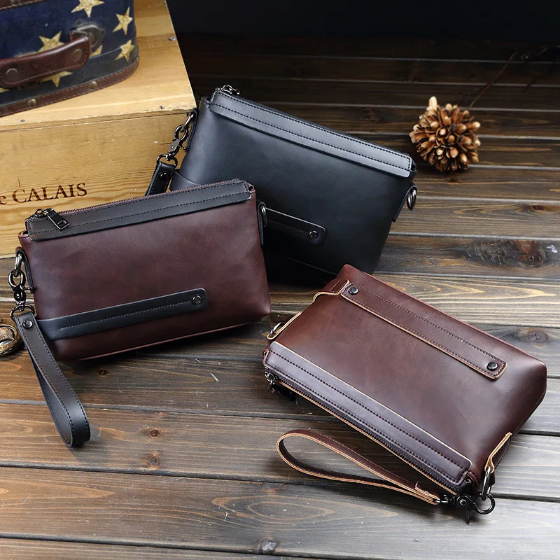 

Retro Fashion Men Day Clutches Bag Wristlets Wallet for Male Brand PU Leather Zipper Small Handbags Phone Coin Card Purses Sac
