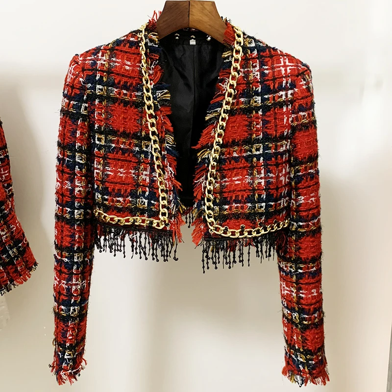 

EXCELLENT QUALITY Newest 2023 Fashion Designer Jacket Women's Fringed Tassel Plaid Tweed Crop Short Jacket