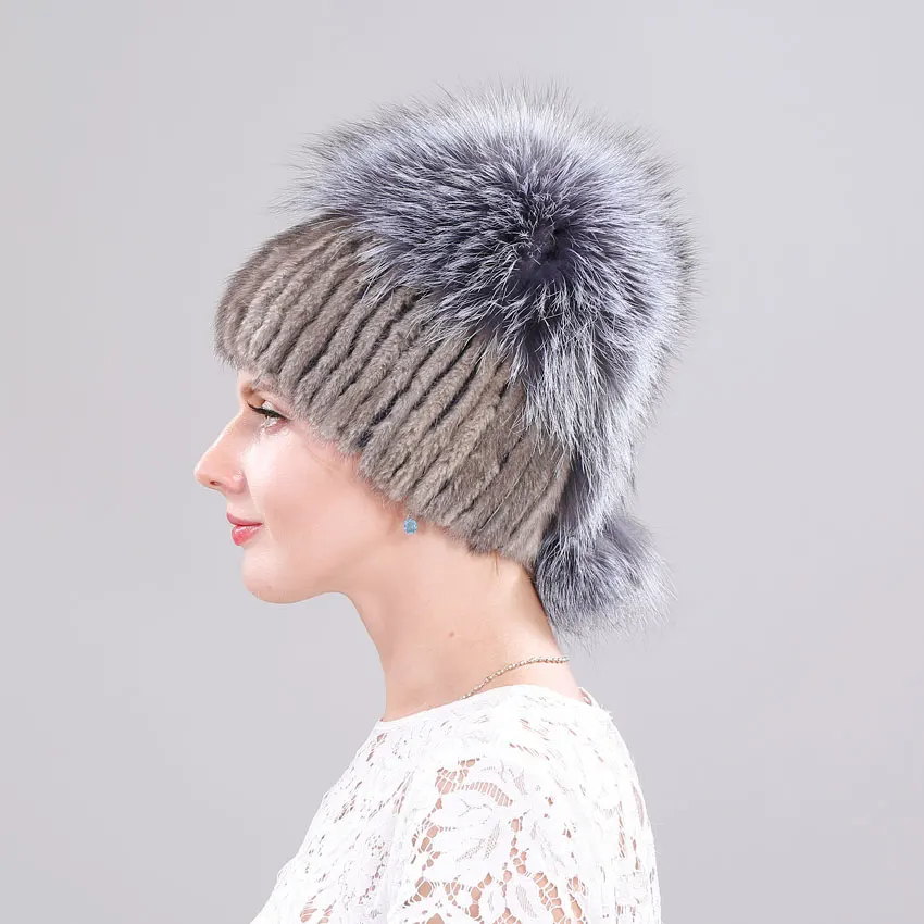 ICYMI норка мех Теплые женские вязаные шапки с мехом лисы помпон из натурального
