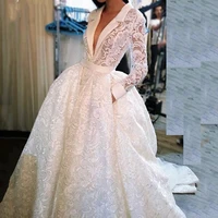 2021 new v neck fashion puff black girl custom made long sleeve princess muslim wedding dresses ivory white lace bridal gowns