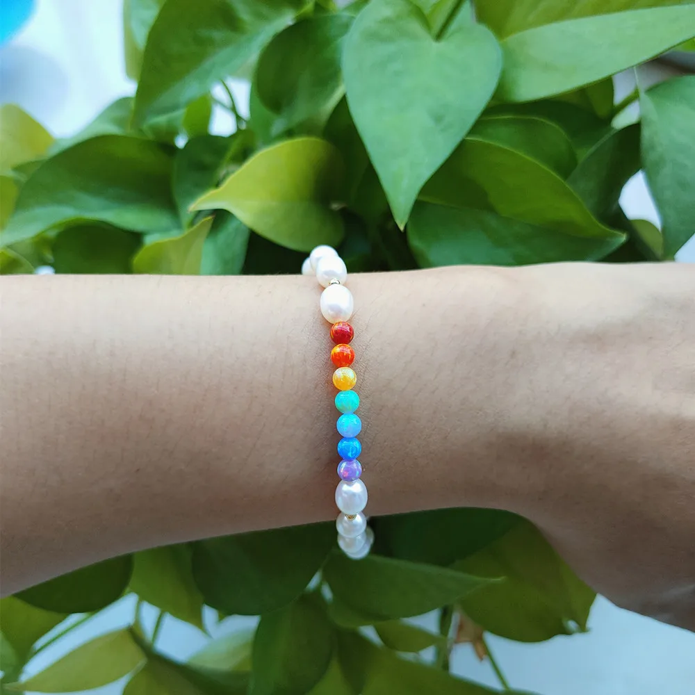 (1pc/lot)Rainbow colors 4mm Opal Bead with Pearl Bracelet 925 Silver Gold 7 opal Round Balls Synthetic Bracelets gift - купить по