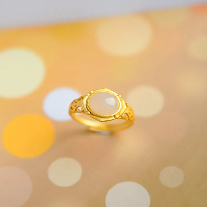 

white jade ring S925 silver ancient gold placer gold hetian jade ring process alive female restoring ancient ways ring