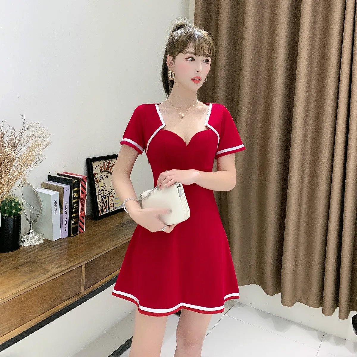 

Striped V-neck Short Sleeve Korea Women Night Club Party Dresses A-line Slim Waist Elegant Ladies Mini Casual Dress Clothes