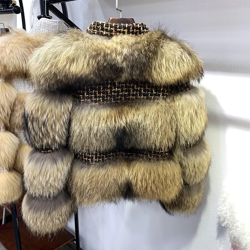 rf1930 Promotion Luxury Full Pelt Natural Raccoon Fur Striped Coat Women Zipper Long Sleeve Winter Real Fur Jacket