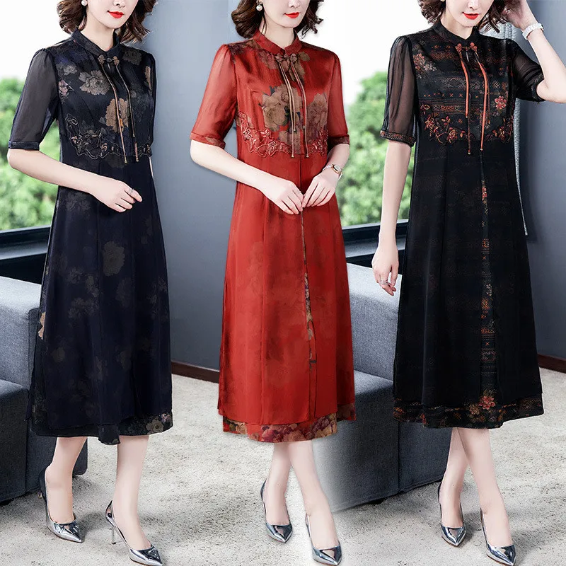 Женское платье в китайском стиле длинное летнее с короткими рукавами модель 2020