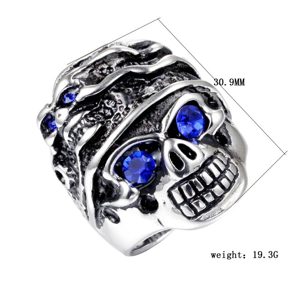 

Men's fashion party carnival festival Neo-Gothic style stainless steel skull ring with blue eyes personality exaggerated ring
