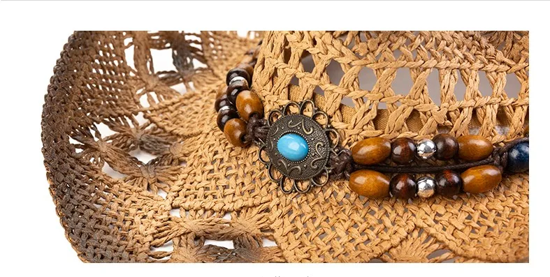 

Retro Women Men's Hollow-out Baking Paint Cowboy Western Summer Straw Cowgirl Sun Hat Turquoise Pendant Wood Bead One Size 58cm