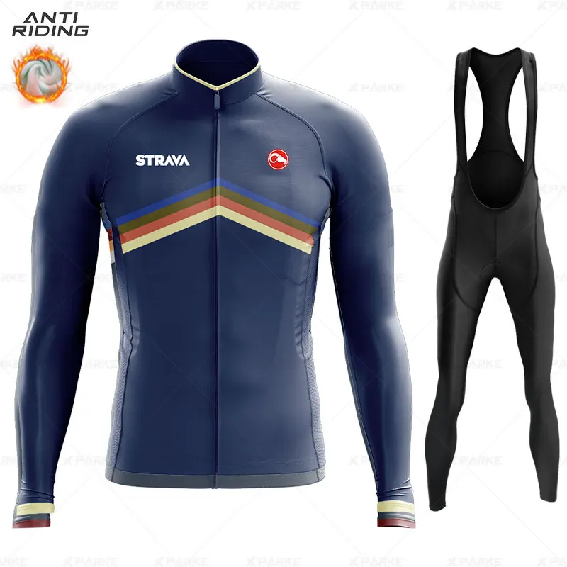 

New 2020 STRAVA Pro Winter thermal Fleece Cycling jersey set Men's Jersey Suit ciclismo MTB bicycle clothing MTB bike jersey Kit