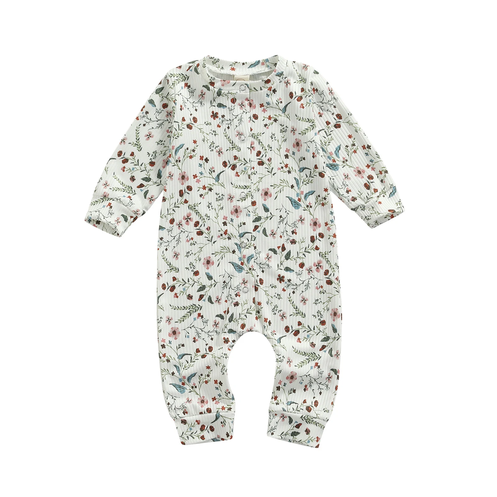 

0-18 Months Print Newborn Romper Baby Girls Floral Printed Bodysuit, Long Sleeve Buttoned Round Neck Long Pants, Baby Clothing