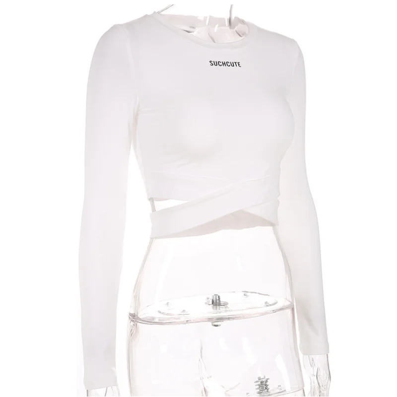 

Spring And Autumn Women's T-shirt Long-sleeved Letter Print New Hollow Out Fashion Female Cropped Navel Pullovers Short Slim Top