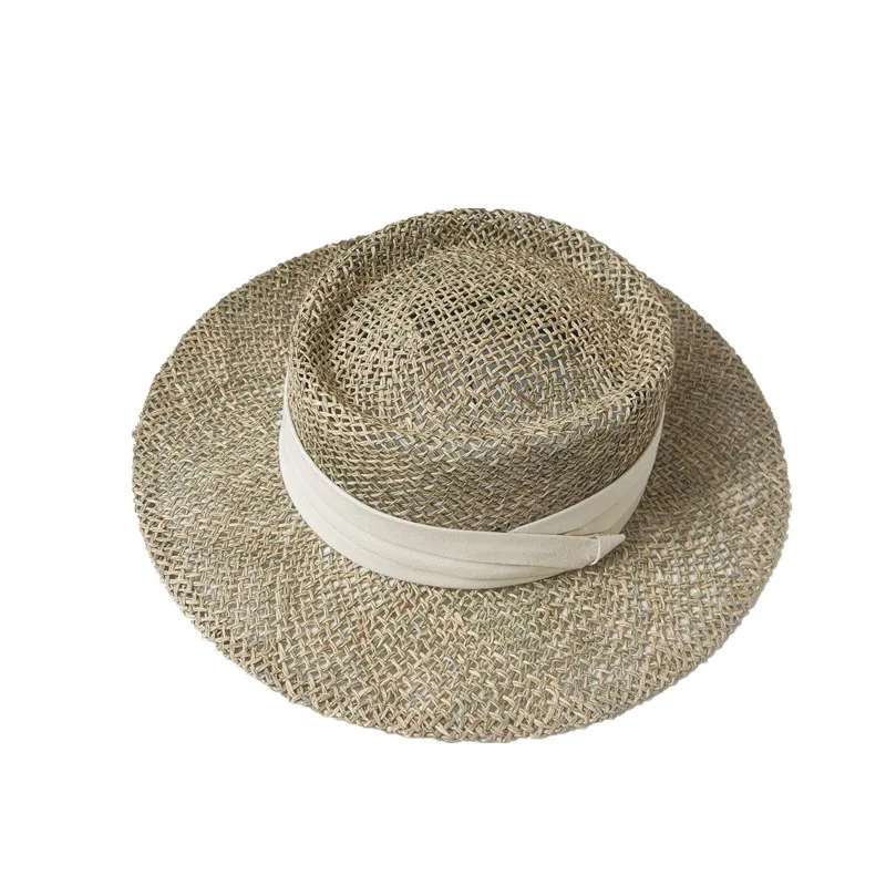 

European American New H-Woven Seaweed Straw Hat Female Summer Hollow Breathable Sun-Proof Hat Flat Top Hat Sun Hat