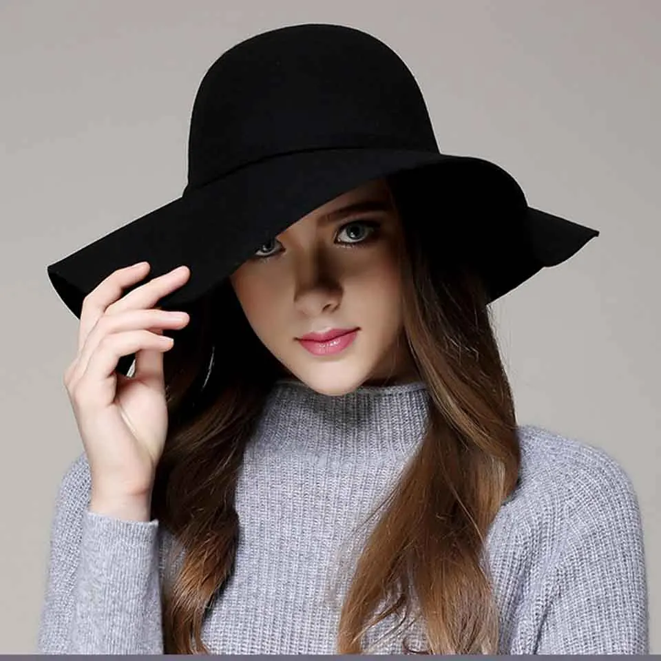 Ретро обувь однотонный цвет шляпа с широкими полями 10 см осень-зима шляпы-котелки