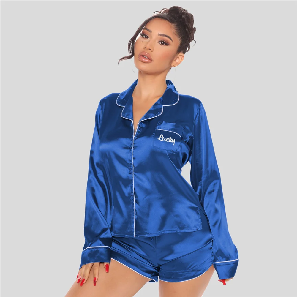 

Embroidery Two Pieces Set Womens Sleepwear Solid Color Turn Down Collar Womens Home Clothes 2021 New Year Women Nightwear