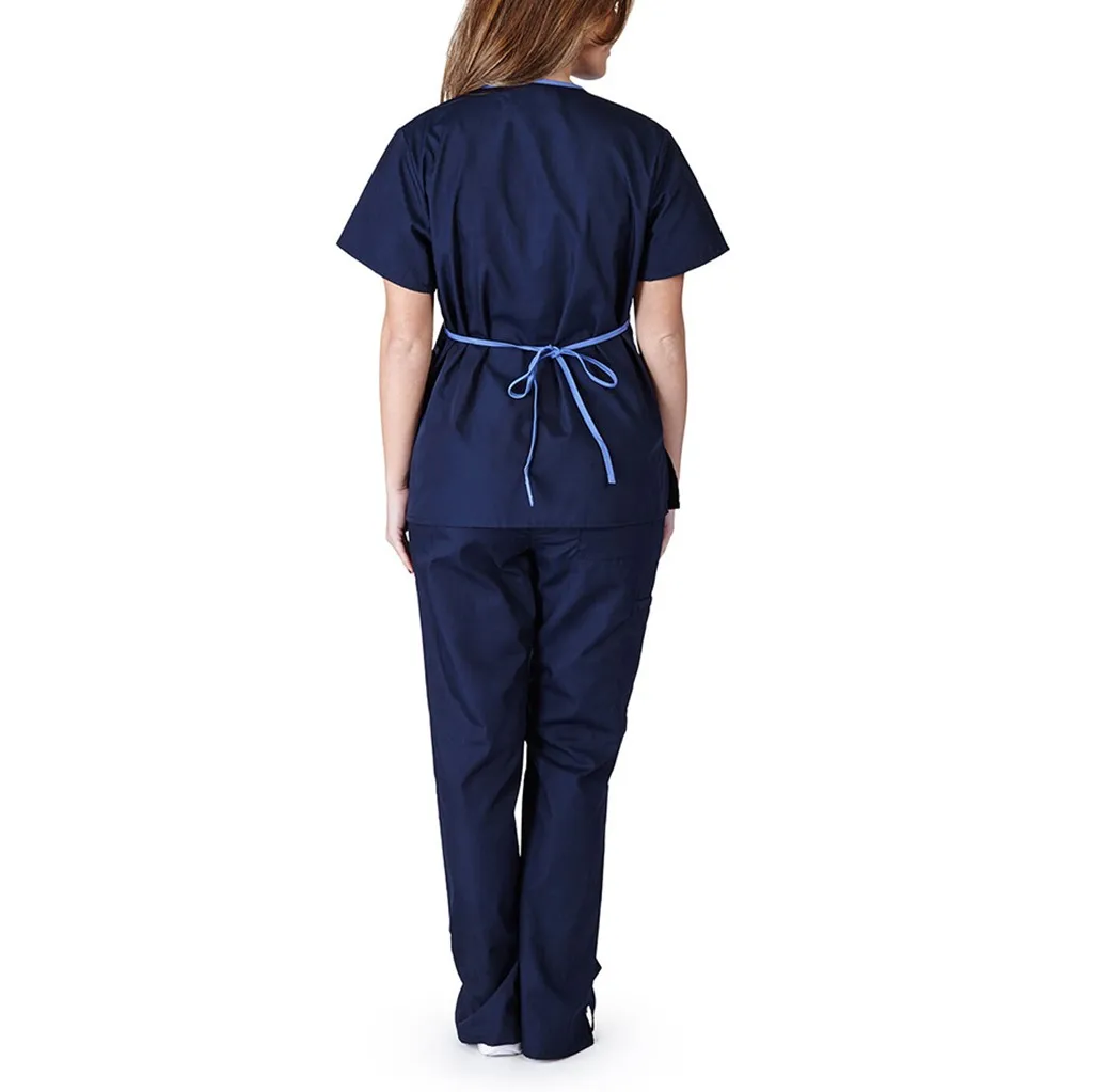 

2021 Casual Women Bandage Nurse Uniform Set Solid Short Sleeve V-neck With Pocket Nurse Tshirt Tops Pants Nursing Working Set