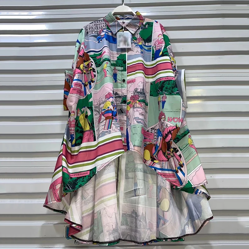 

CHICEVER Casual Print Shirts For Women Lapel Batwing Short Sleeve Loose Hit Color Blouses Female Clothes Summer 2021 Fashion New