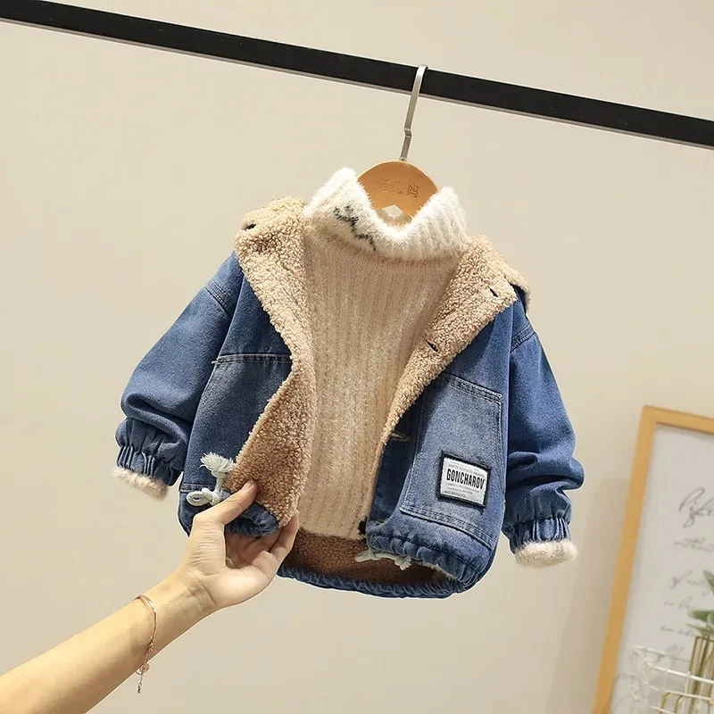 Baby Boys Denim Jacket 2021 Fall/Winter New Korean Boys Casual Denim Jacket Baby Thicken Top Kids Warm Coat