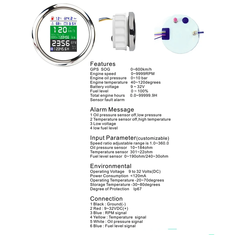 

85MM 6-in-1 Multi-Functional GPS Speedometer Tachometer Fuel Level Water Temp Oil Pressure Gauge Voltmeter Alarm