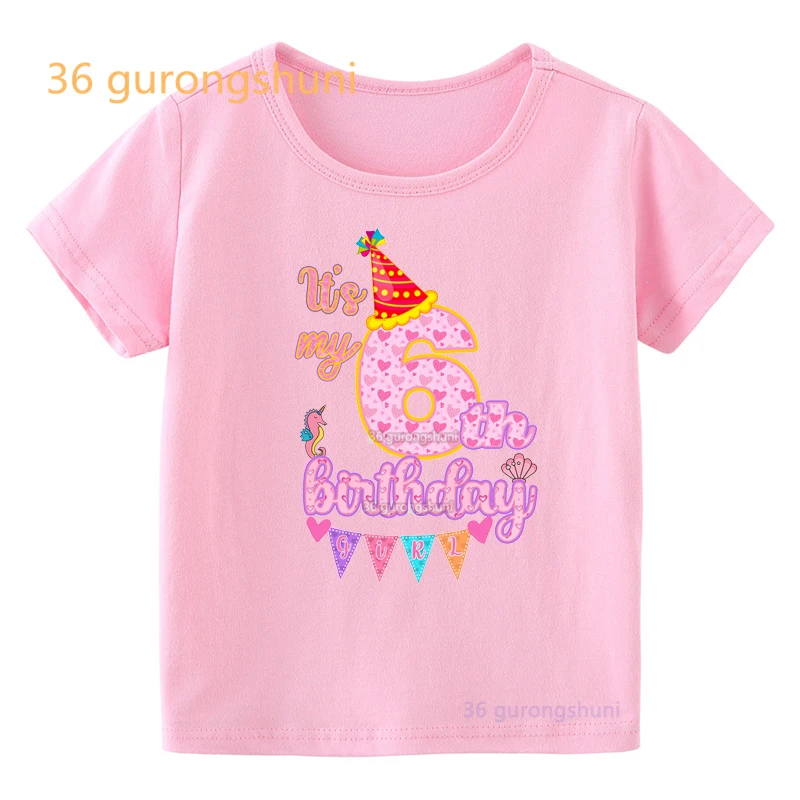 I Am 7th 8 9 old Year Birthday cartoon kids t shirt for girls clothes children summer tshirt girl clothing graphic Pink t shirts images - 6
