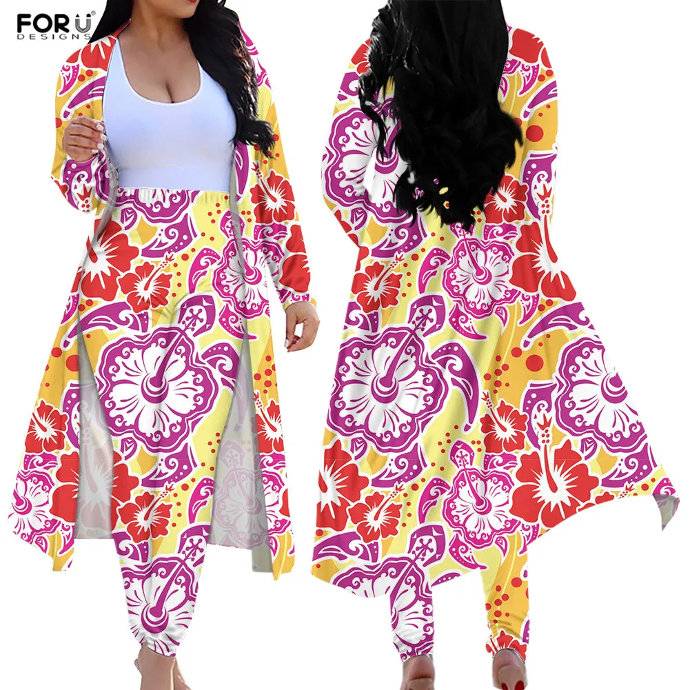 

FORUDESIGNS Polynesian Turtle Hibiscus Print Fashion Ladies Casual Skinny Long Pant Women Cardigan Outfit Two Pieces Suit