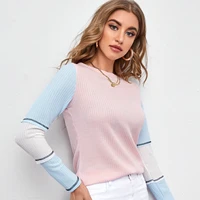 w autumn and winter womens lace round neck top hollowed out pullover sweater three color splicing t shirt high elastic slim