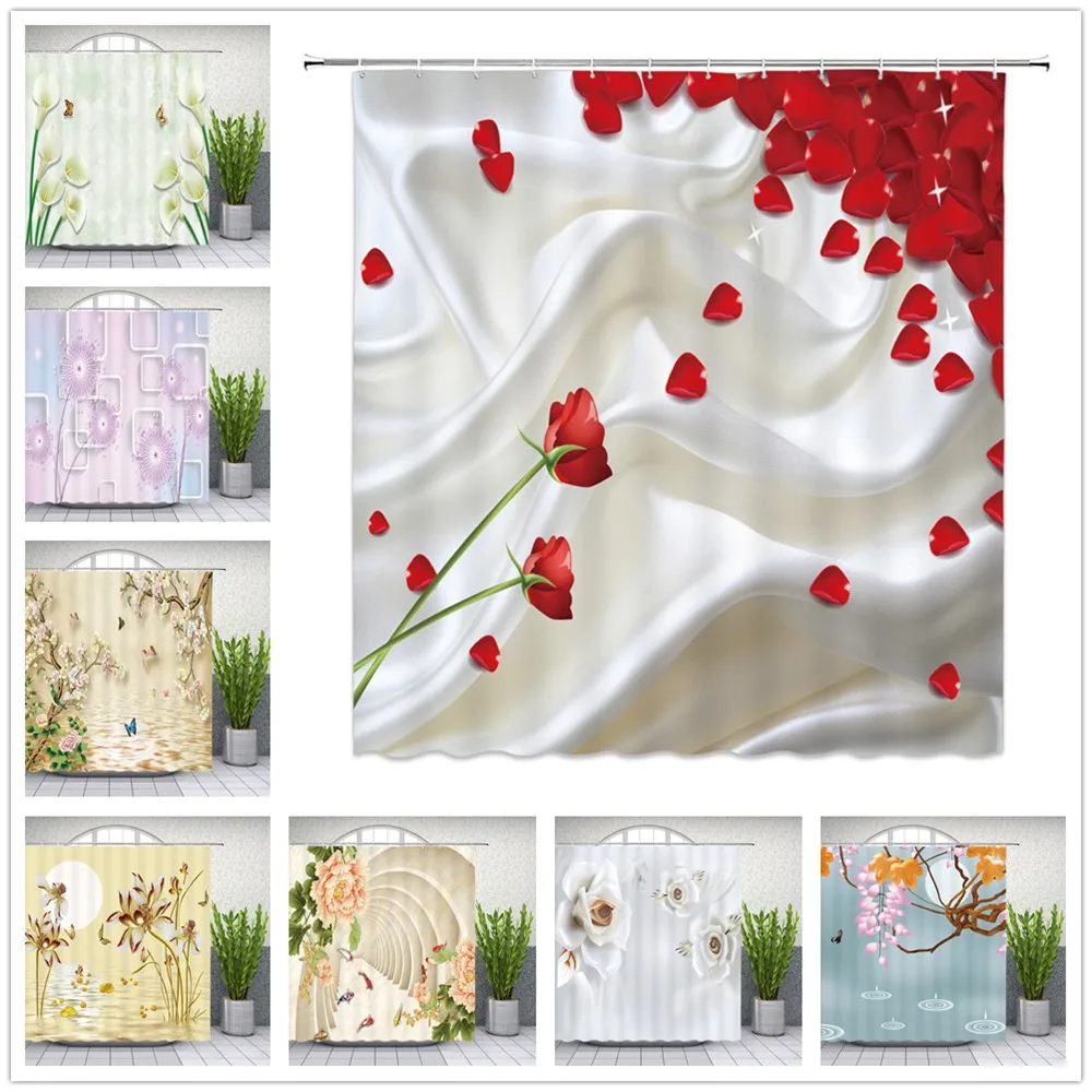 

Flower Landscape Shower Curtains Cloth Butterfly Floral Plant Themed Pattern Print Bathroom Decor Backdrop Polyester Curtain Set