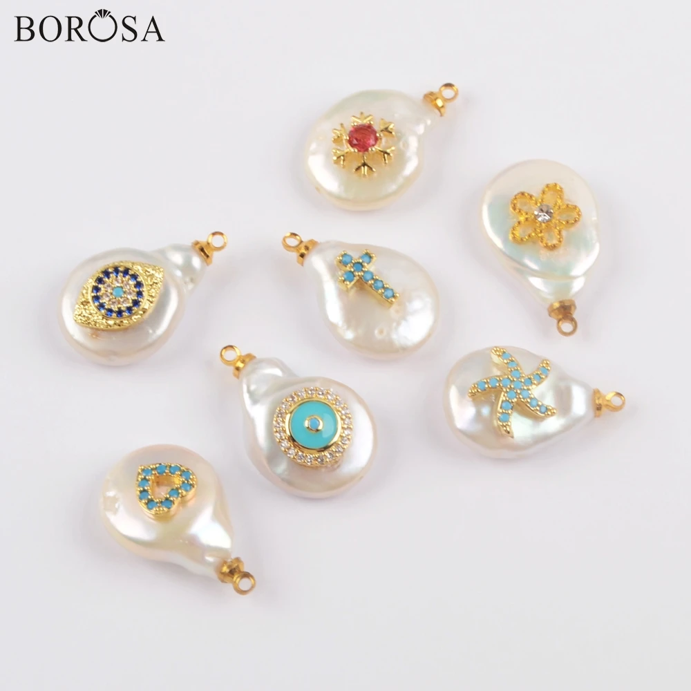 BOROSA 10 шт. позолоченный натуральный пресноводный жемчуг с разнообразным радужным инкрустированный цирконами Шарм для сережек изготовление для оптовой продажи G1902
