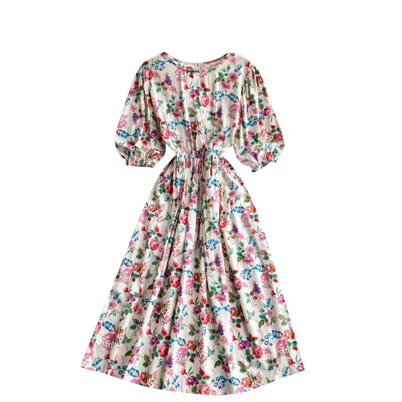 

2021 New Spring Fashion Temperament Sweet Vestidos Female Round Neck Age-reducing Bubble Sleeve Slim Floral Midi Dress GK707