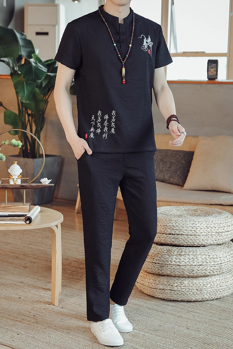 

New Summer Short Set Chinese Traditional Clothing Embroidery Men Hanfu Tai Chi Uniform Shirt Pants Kung Fu Dragon Print Set