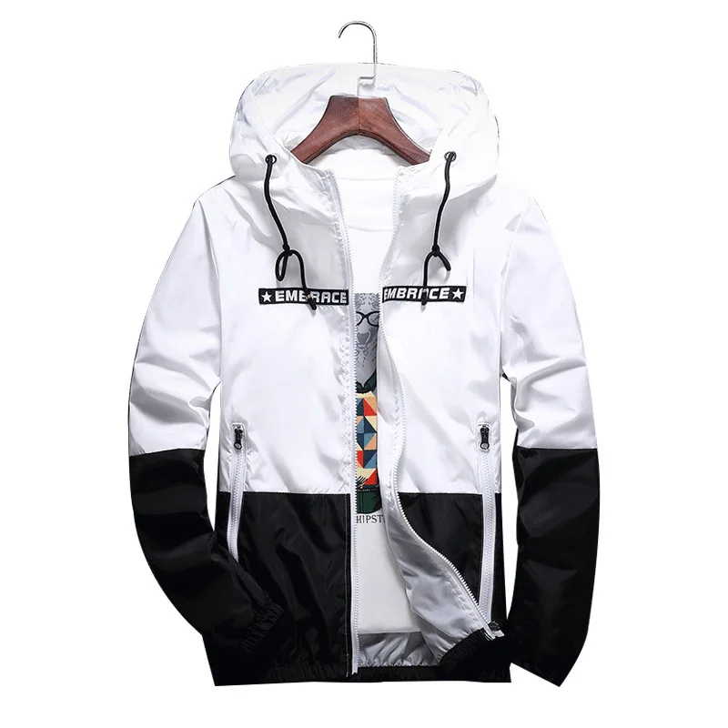 

New Spring Autumn Bomber Hooded Jacket Men Casual Slim Patchwork Windbreaker Jacket Male Outwear Zipper Thin Coat Brand Clothing