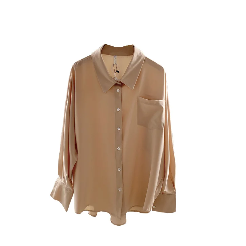 

2021 spring new women's shirts solid color satin long sleeve Korean casual shirt women's long sleeve Lapel bat sleeve shirt