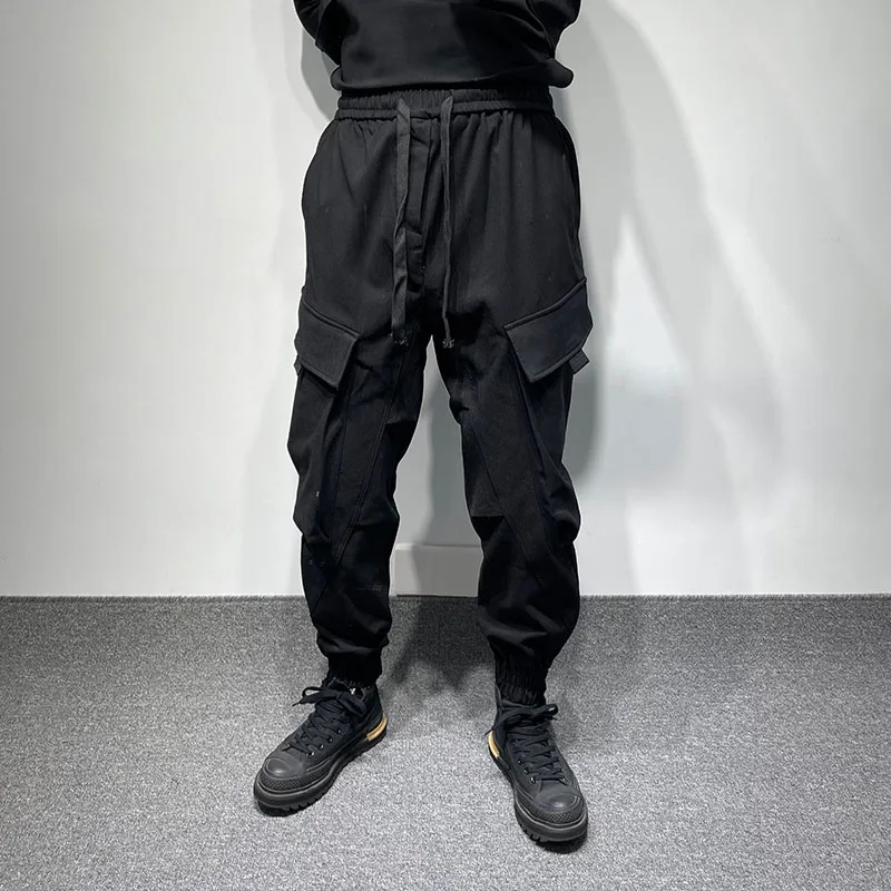 Men's Black Pants Slim Fit Fashion Autumn Personalized Large Pocket Design Loose Harlan Pants Men's New Large Casual Pants