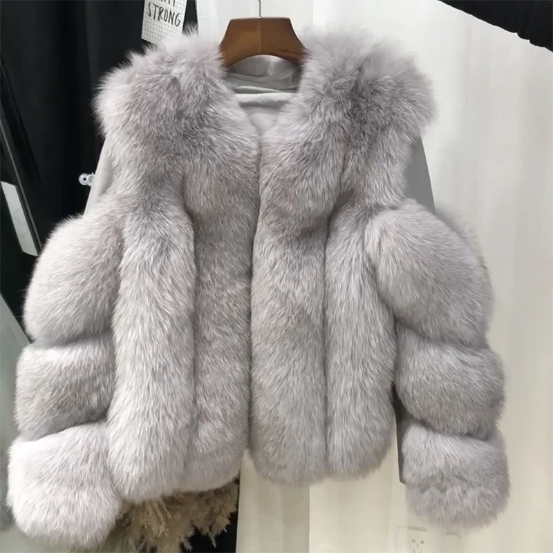 Светло-серый Rf1929 зимнее короткое пальто из натурального Лисьего меха Stlye FluffyReal, натуральная кожа, натуральный мех, куртка с длинным рукавом, женские пальто из натурального меха - Цвет: Светло-серый