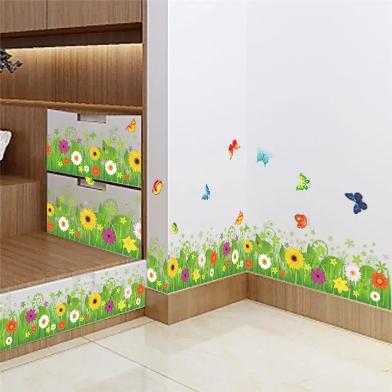 

Vivid Flower Grass Butterfly Wall Stickers For Living Room Bedroom Decorations Baseboard Wall Mural Art Diy Pvc Decal