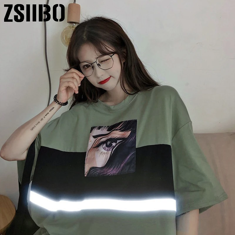 Женская уличная Футболка Harajuku свободная футболка с отражающим узором и коротким