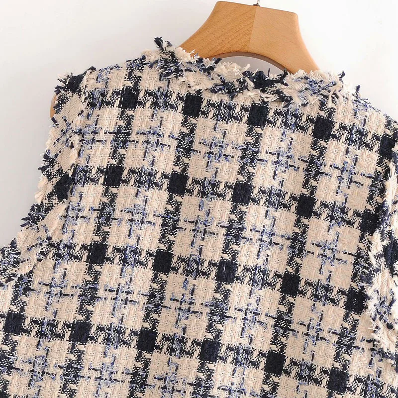 

Small Fragrant Style Frayed V-neck Pocket Check Sleeveless Fashion Women's Jacket Harajuku Korean Style Simple Chic Female Tops