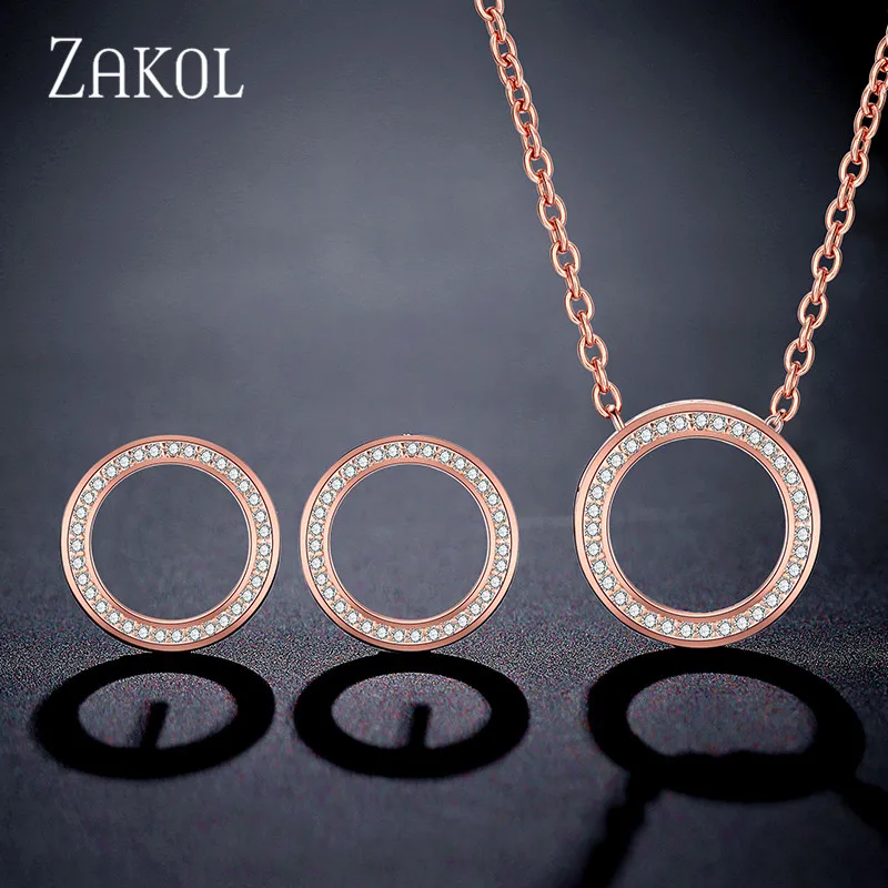 Rose Set ZAKOL Лидер продаж розовый круг цвет золотой циркония Кристалл Модные серьги ожерелье набор для элегантных женщин Свадебные украшения FSSP3016 - Окраска металла: Rose Set