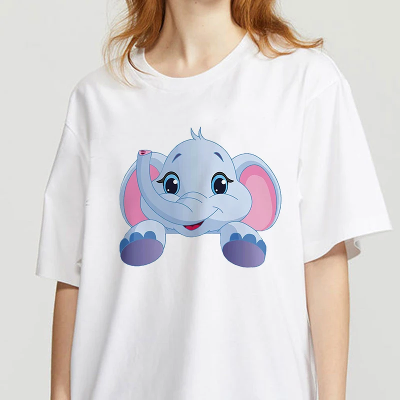 

Women T shirt Kawaii Elephant Print Short Sleeve Round Neck Harajuku Ulzzang Female T shirts Korean Female T-shirt