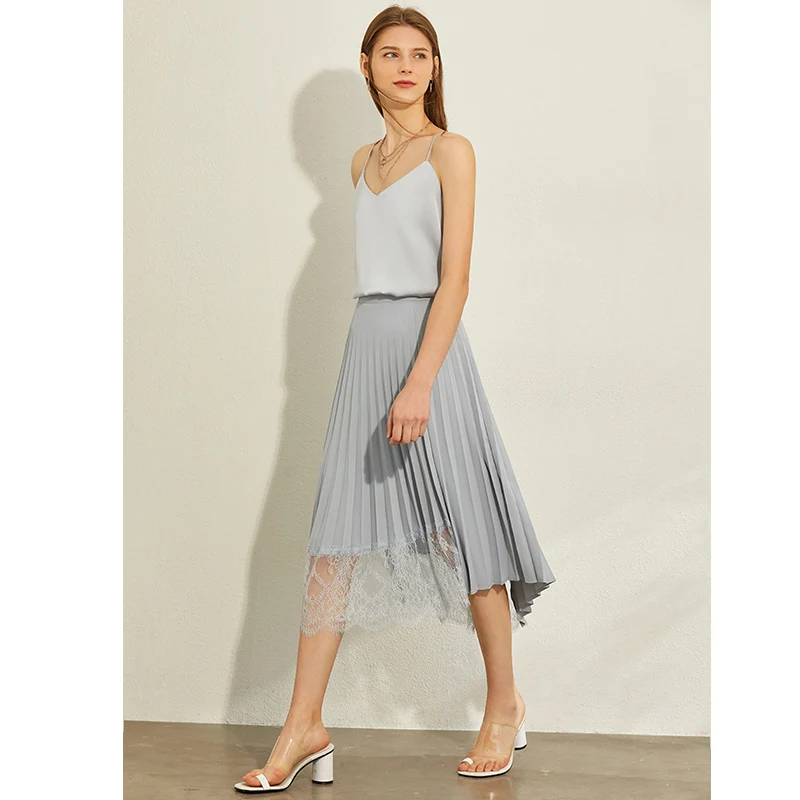 AMII минимализм весна лето плиссированные дизайн Кружева Сращивание Женская юбка