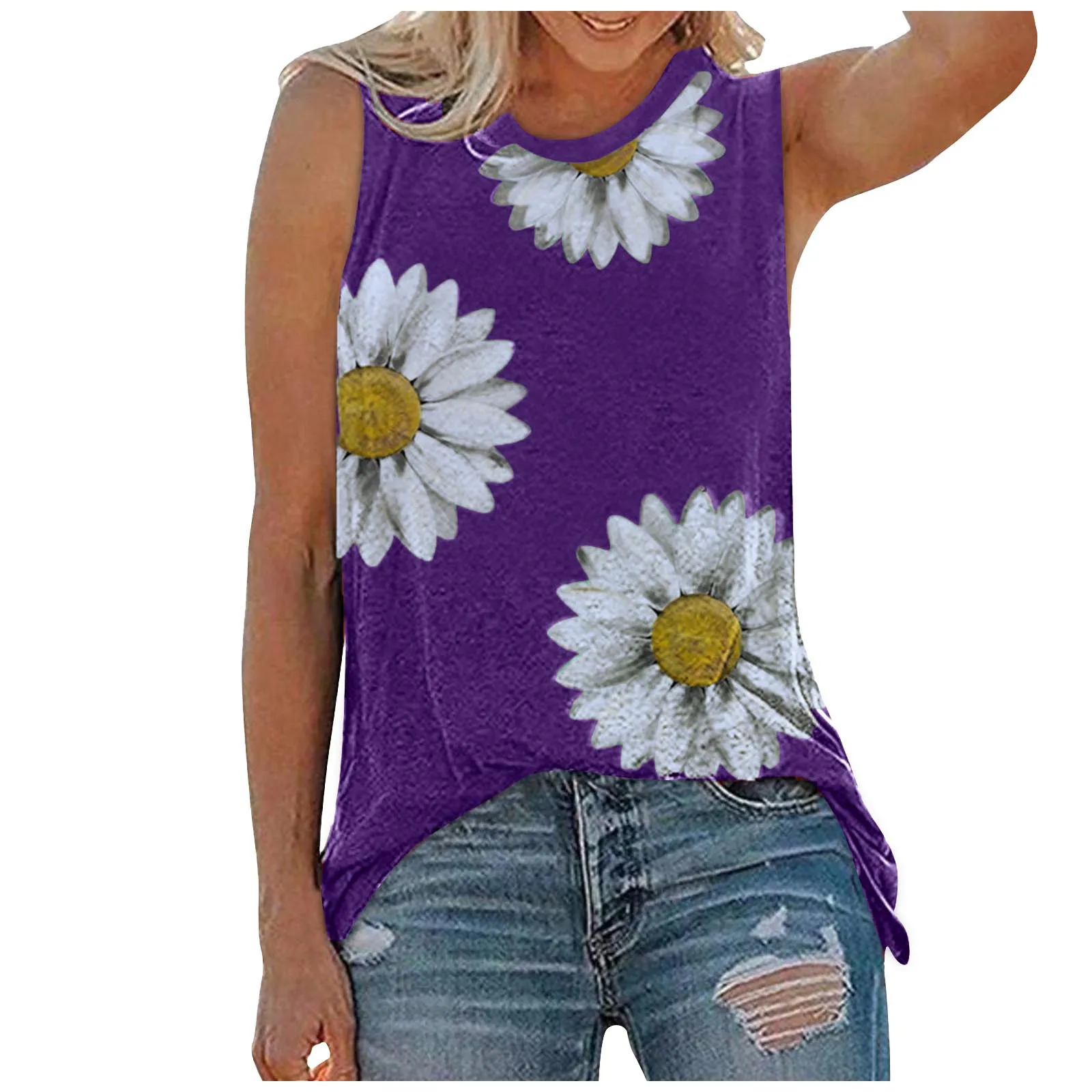 

Summer ladies casual round neck summer chrysanthemum print sleeveless tank top top O-neck daisy print sleeveless tank top
